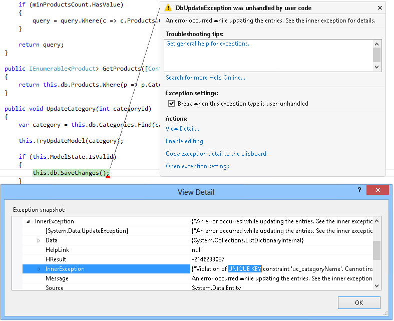 Exceção para nomes de categoria duplicados Exceção para nomes de categoria duplicados