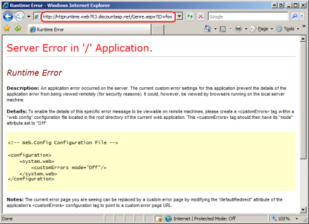 Captura de tela que mostra o erro de runtime YSOD não inclui nenhum detalhe de erro.
