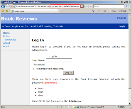 Captura de tela que mostra que usuários não autorizados são redirecionados automaticamente para a página de logon.