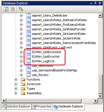 Captura de tela que demonstra como o provedor de log de erros do S QL usa três procedimentos armazenados.