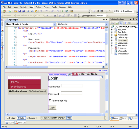 A interface da página de logon inclui duas caixas de texto, uma CheckBoxList e um botão