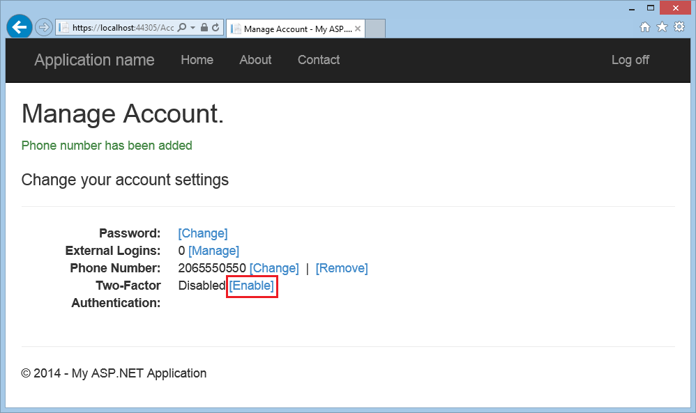 Captura de ecrã da janela do browser Gerir Conta a mostrar a ligação Ativar associada à Autenticação Two-Factor realçada a vermelho.