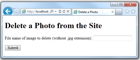 Captura de tela da janela do navegador mostrando a página Excluir uma Foto do Site com um campo para o nome do arquivo e o botão Enviar.