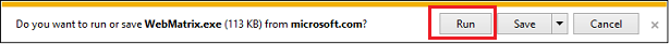 Captura de tela do programa de janela do navegador executando a faixa mostrando o botão Executar realçado com um retângulo vermelho.