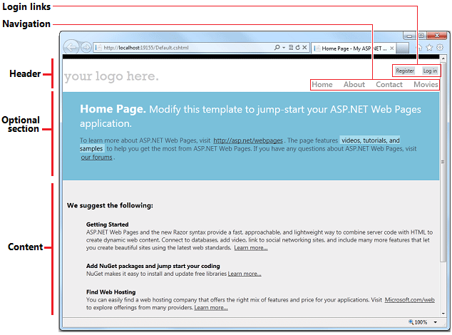 Layout criado pelo modelo de site webMatrix mostrando o cabeçalho, a área de navegação, a área de conteúdo, a seção opcional e os links de logon