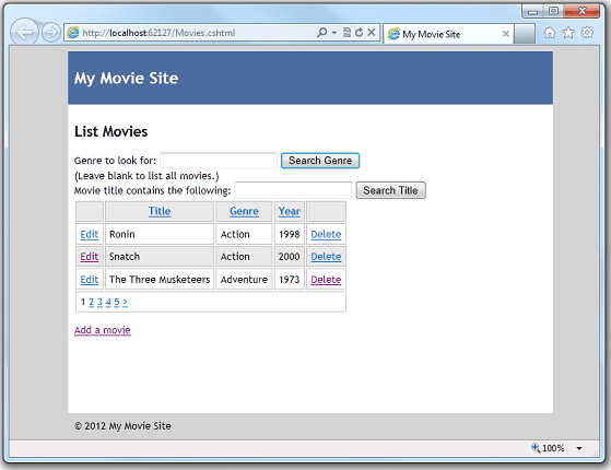 Página de filmes renderizada usando um layout