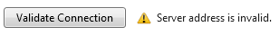 Captura de tela do botão Validar Conexão com um ícone de aviso amarelo com uma mensagem de erro correspondente ao erro.