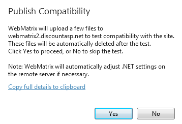 Captura de tela da caixa de diálogo Publicar Compatibilidade com uma mensagem explicando o teste de compatibilidade do site solicitando a seleção do botão Sim para continuar.