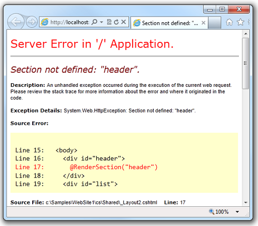 Captura de tela que mostra o erro que ocorre se você executar uma página que chama o método RenderSection, mas a seção correspondente não é fornecida.