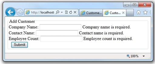 Captura de tela que mostra as mensagens de erro exibidas se a entrada do usuário não passar na validação.