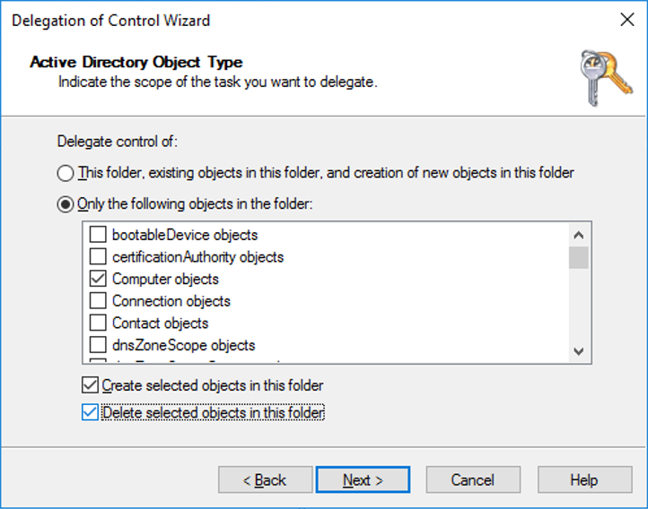 Captura de ecrã do painel Tipo de Objeto do Active Directory.