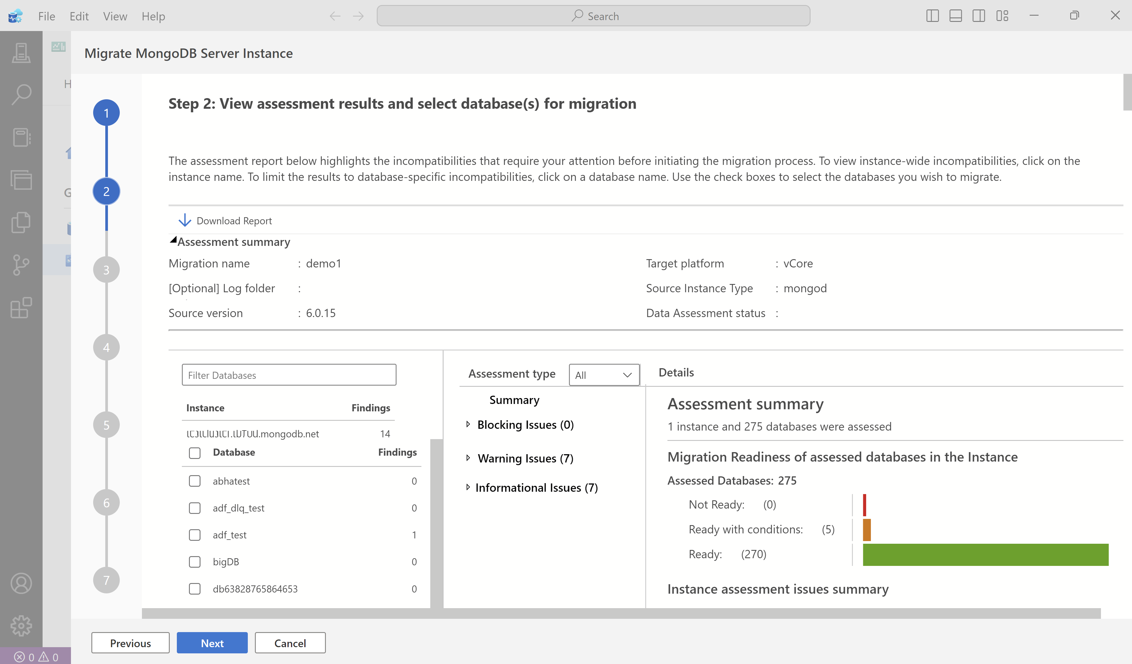 Captura de tela do novo relatório de avaliação para a instância MongoDB de origem.