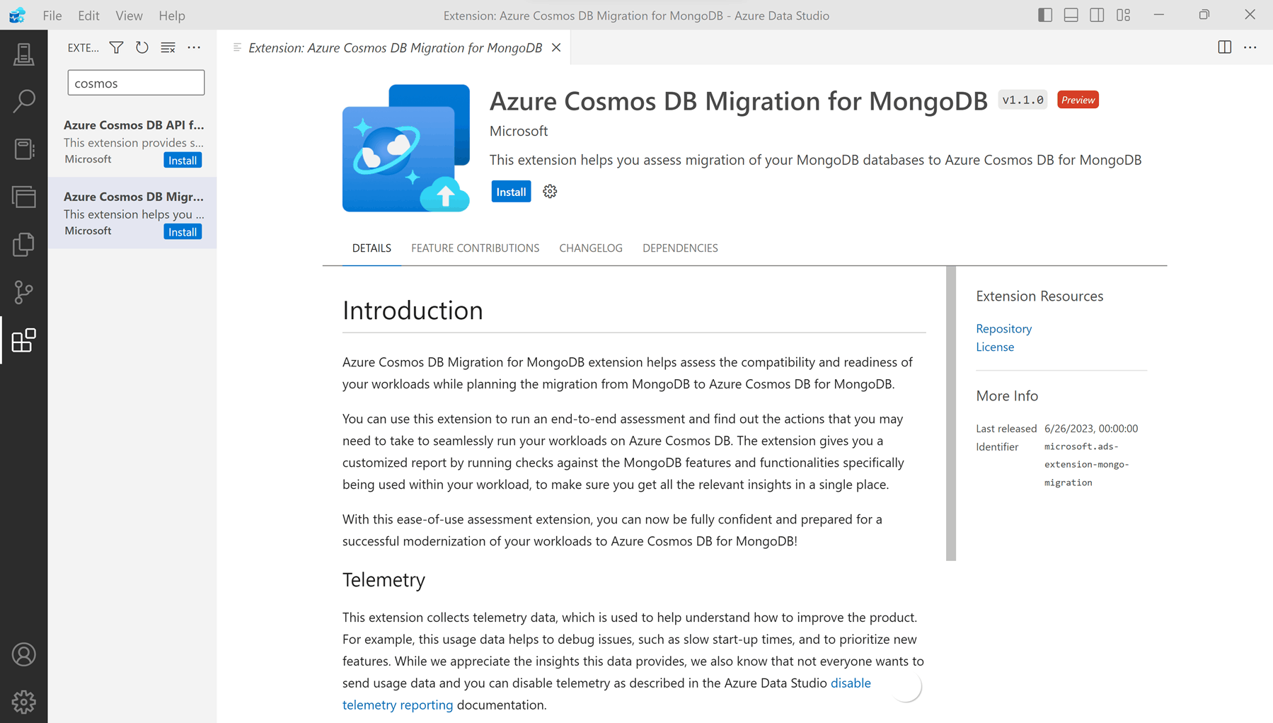 Captura de tela do botão de instalação da extensão de migração do Azure Cosmos DB para MongoDB.