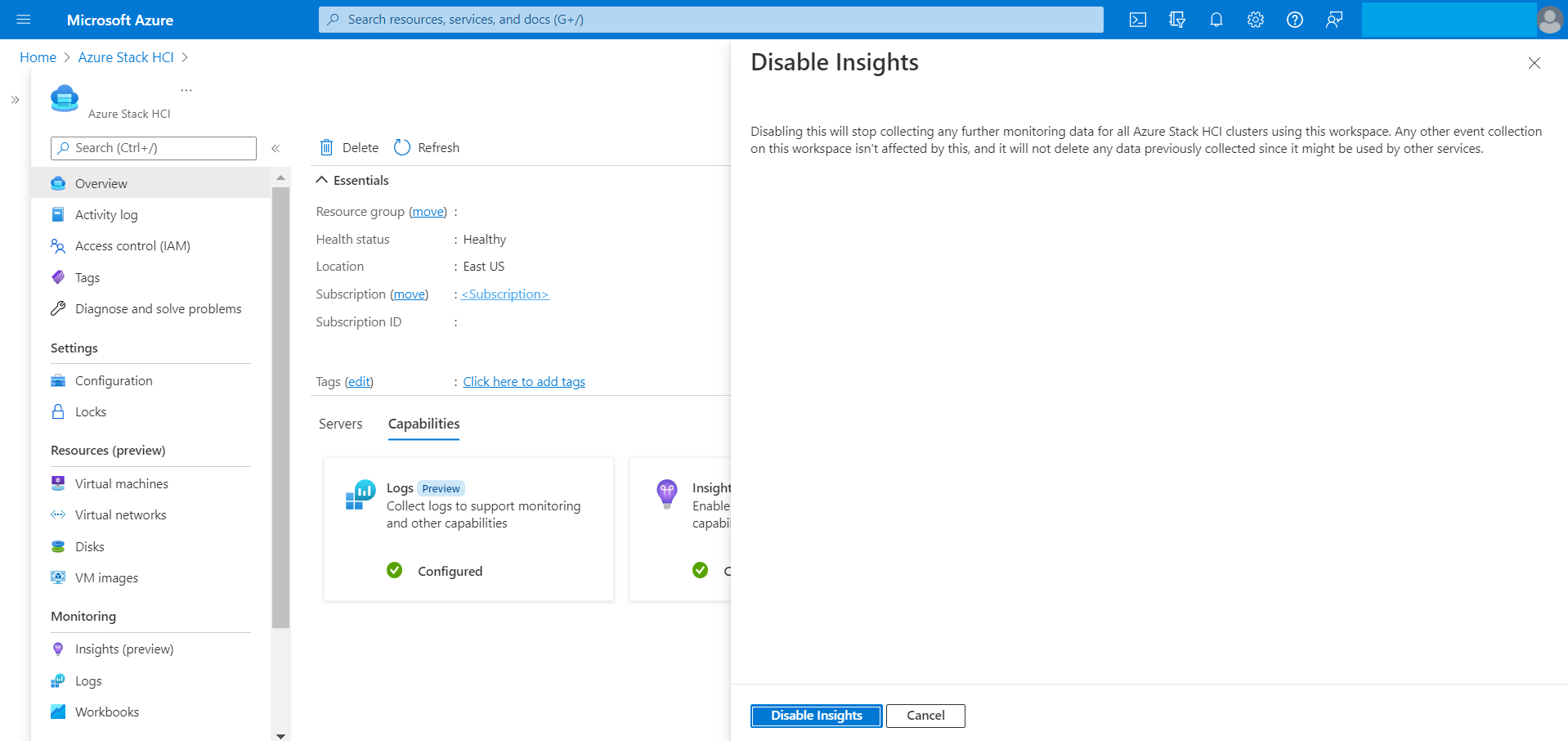Tela do portal para desabilitar o Insights