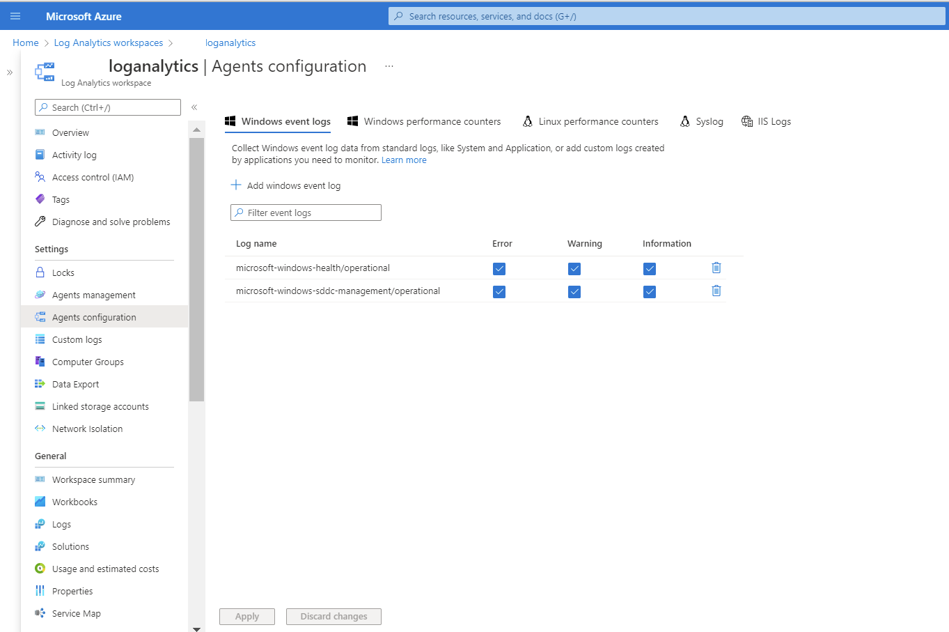 Espaço de trabalho do portal para logs de eventos do Windows