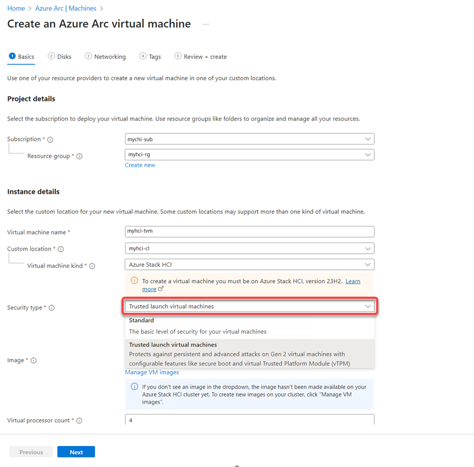 Captura de ecrã a mostrar a seleção do tipo de inicialização fidedigno.