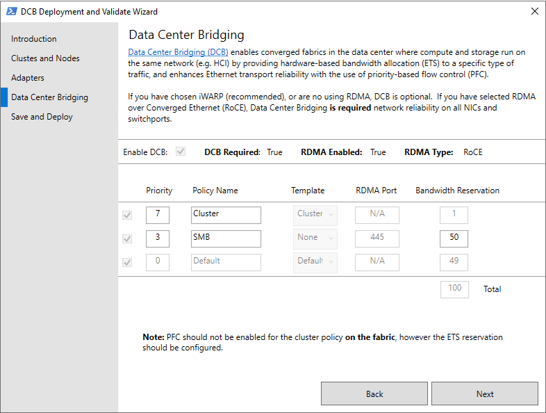 A página Data Center Bridging do assistente de configuração Validate-DCB