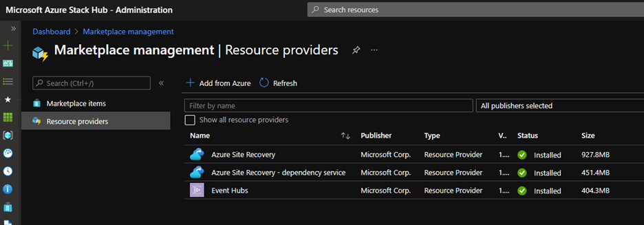 Captura de ecrã dos três serviços para instalar o Azure Site Recovery no Azure Stack Hub.