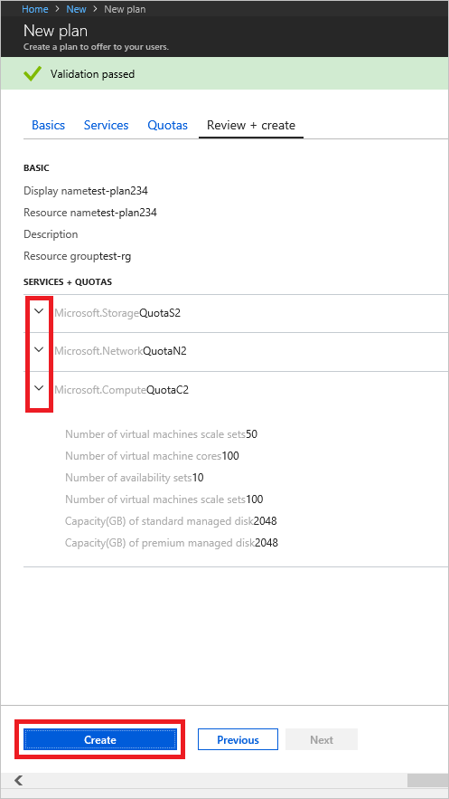 Screenshot that shows how to create the plan in Azure Stack Hub.