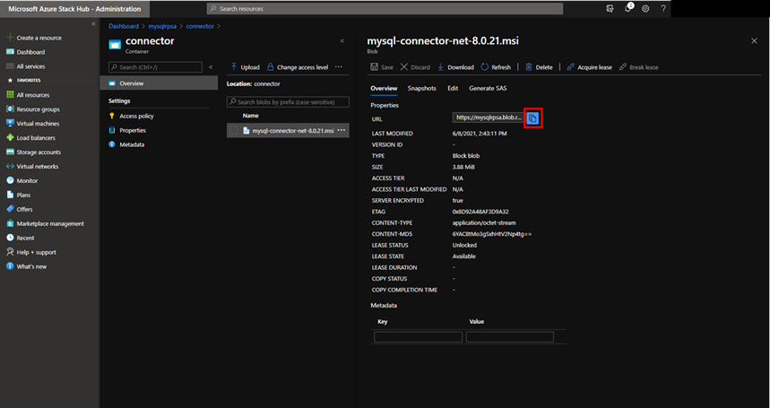Captura de ecrã a mostrar a cópia do URI do Conector MySQL.