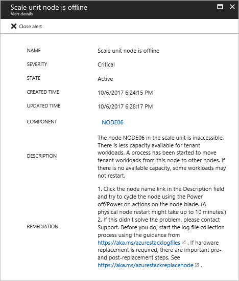 Detalhes do alerta de nó offline