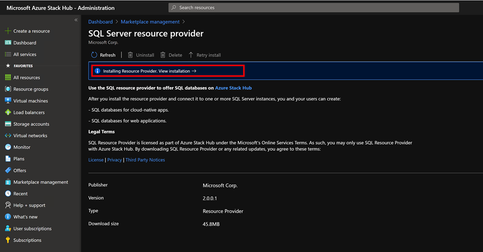Captura de tela da instalação do RP de gerenciamento de marketplace.