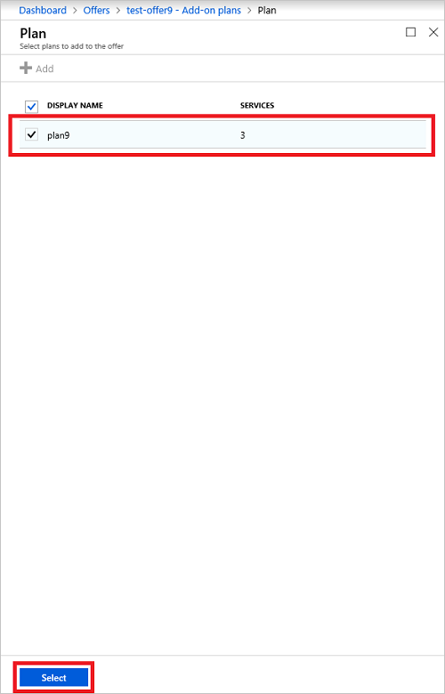Captura de ecrã que mostra como selecionar o plano de suplementos a adicionar no portal de administrador do Azure Stack.