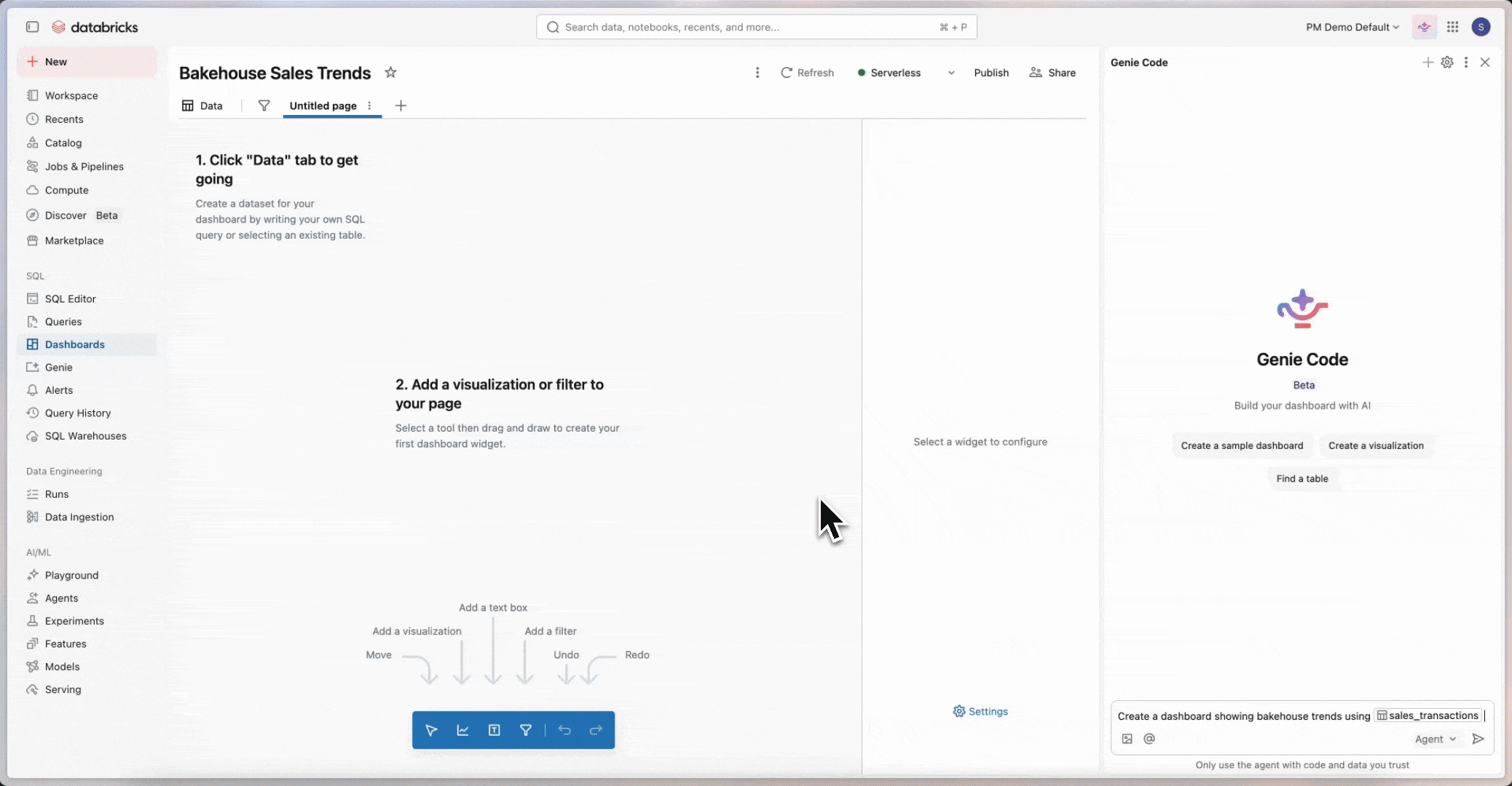 Usa o Assistente para criar um painel de controlo num dashboard.
