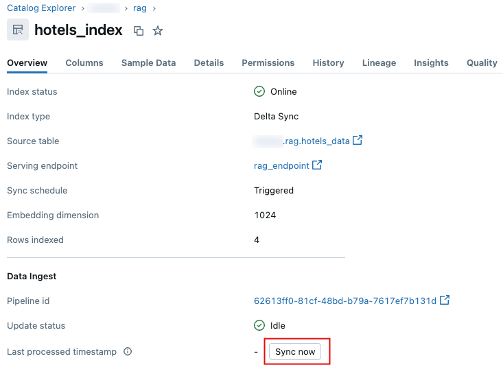 Botão Sincronizar agora para sincronizar um índice de pesquisa vetorial do Catalog Explorer.