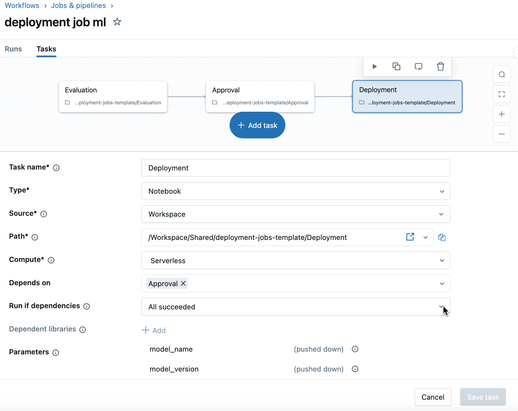 Trabalho de implantação criado usando a interface do usuário.