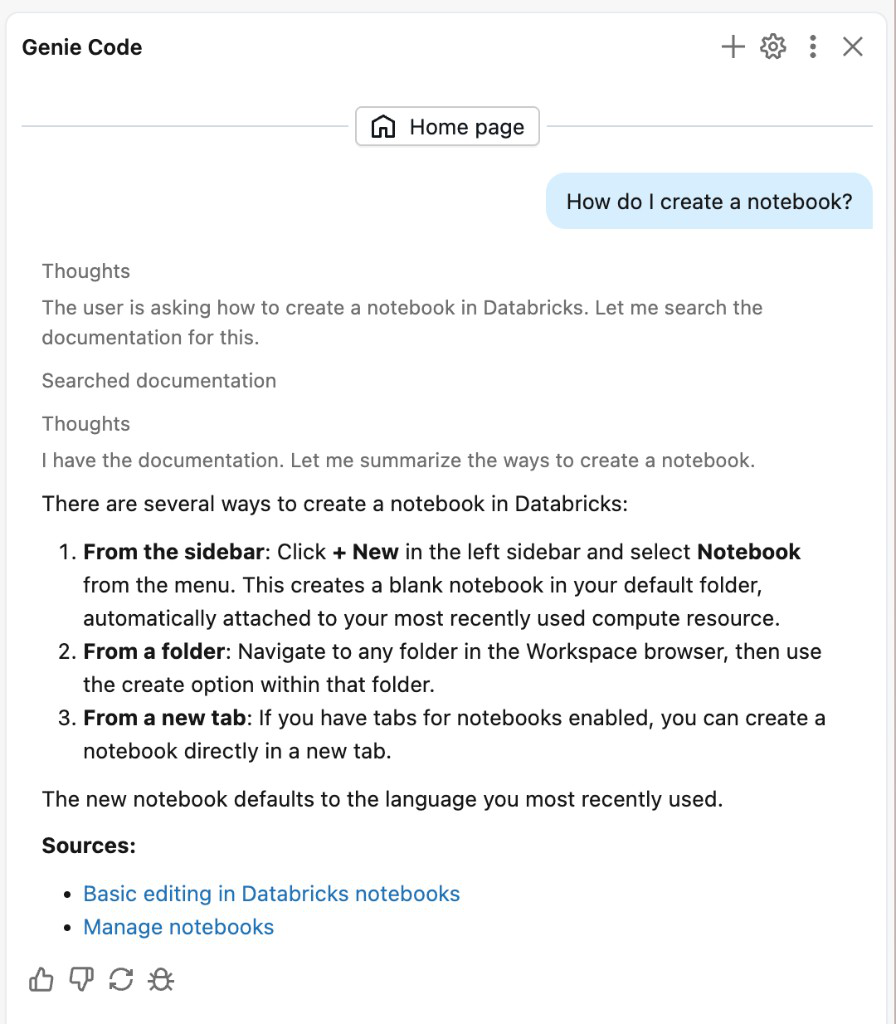 Citações de documentação e sugestões de acompanhamento do Databricks Assistant.