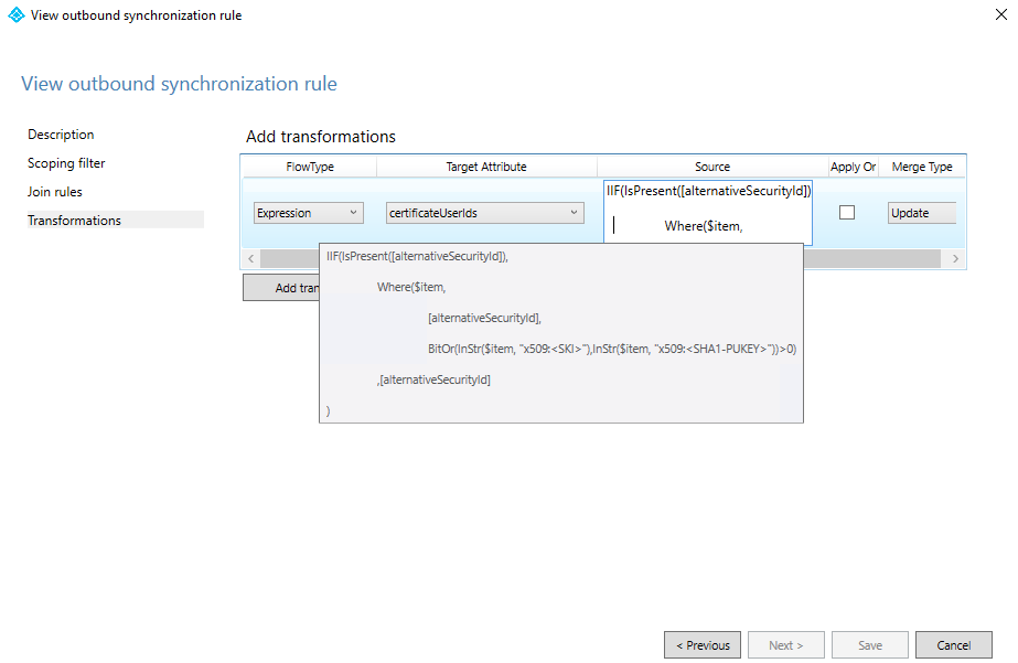 Captura de tela da regra de sincronização de saída para transformar do atributo SecurityId alternativo em certificateUserIds.