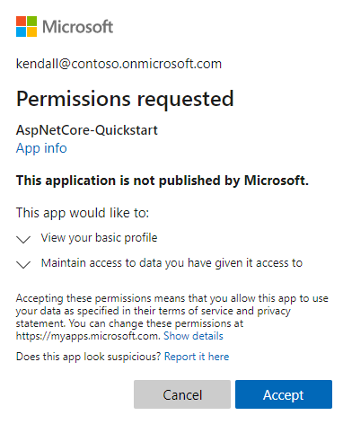 Captura de ecrã a mostrar a caixa de diálogo de consentimento, com as permissões que a aplicação está a pedir ao utilizador.