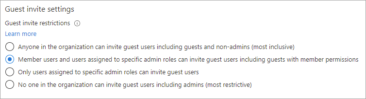 Captura de ecrã a mostrar as definições de convite de convidado.
