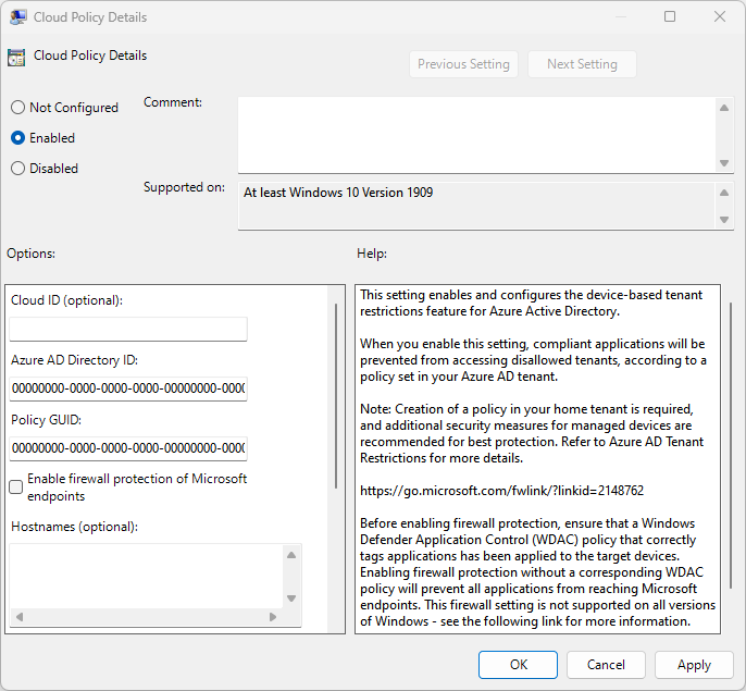 Captura de ecrã dos detalhes da política do Windows Cloud.