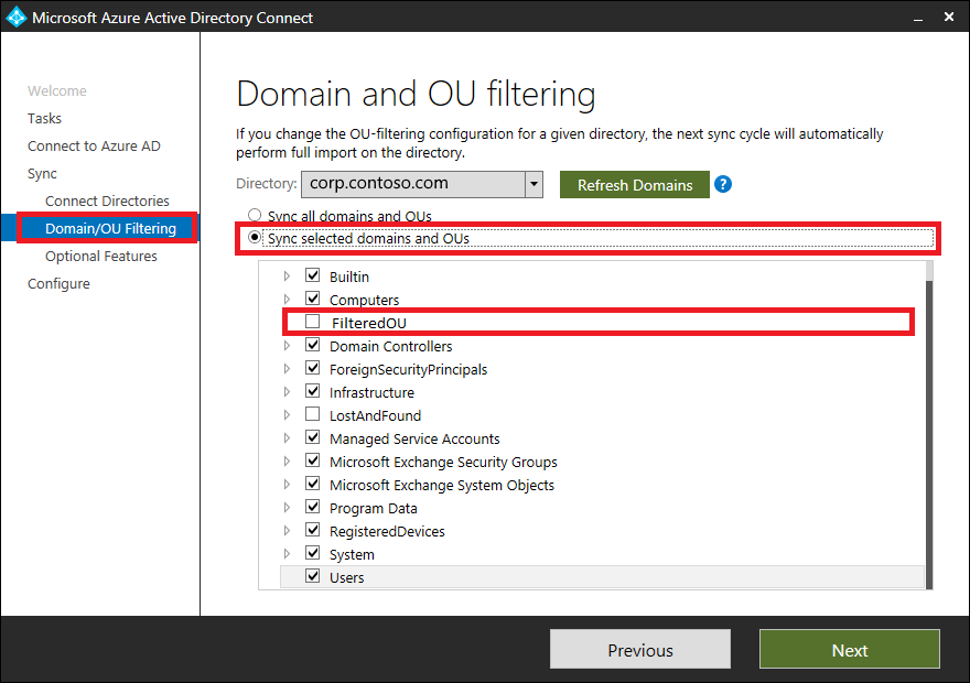 Microsoft Entra Connect Domain and OU filtering options