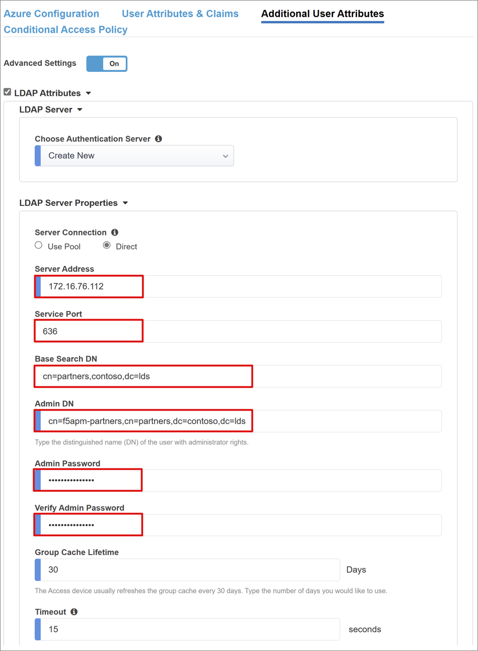 Captura de tela das entradas de Propriedades do Servidor LDAP em Atributos de Usuário Adicionais.