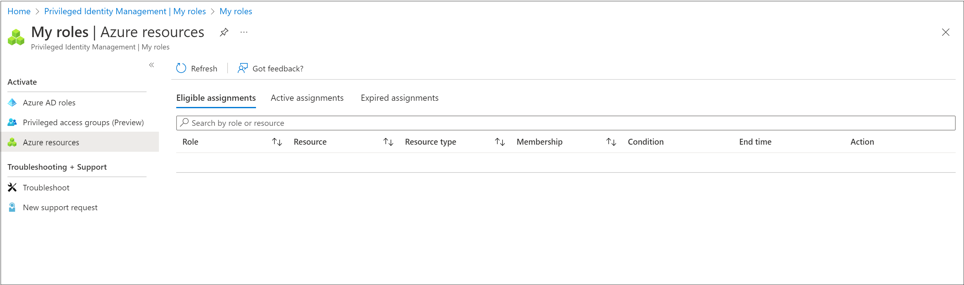 Captura de ecrã de funções de recursos do Azure - A minha lista de funções elegíveis.