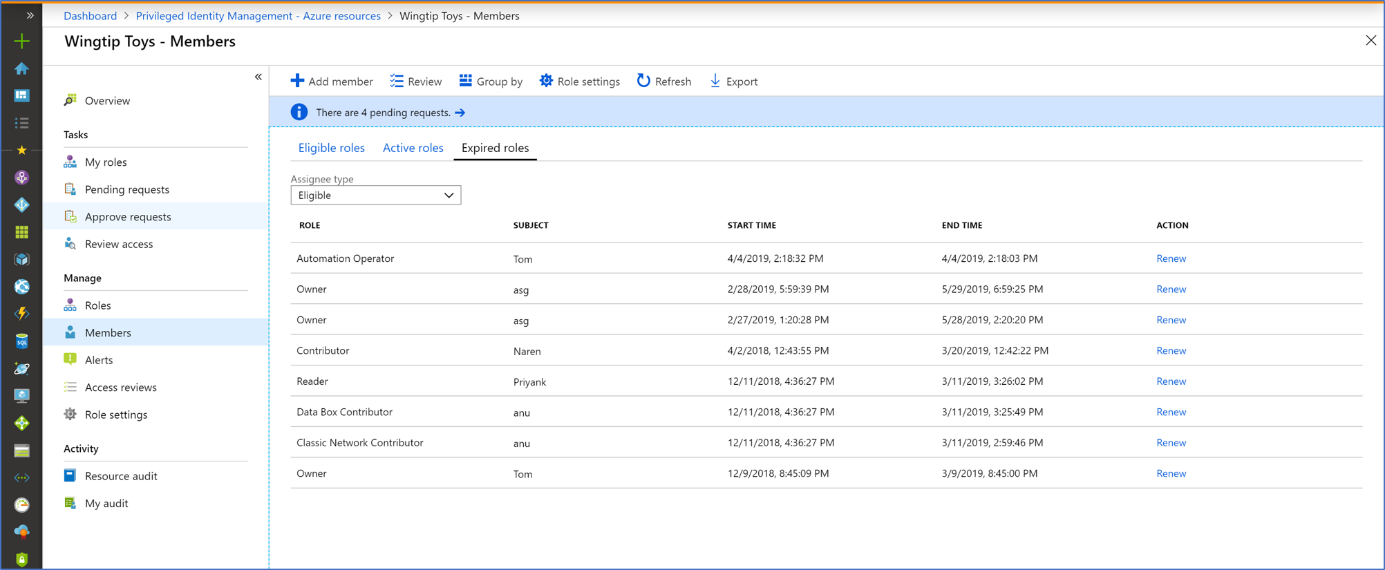 Captura de ecrã dos recursos do Azure - Página de membros que lista funções expiradas com hiperligações para renovar.