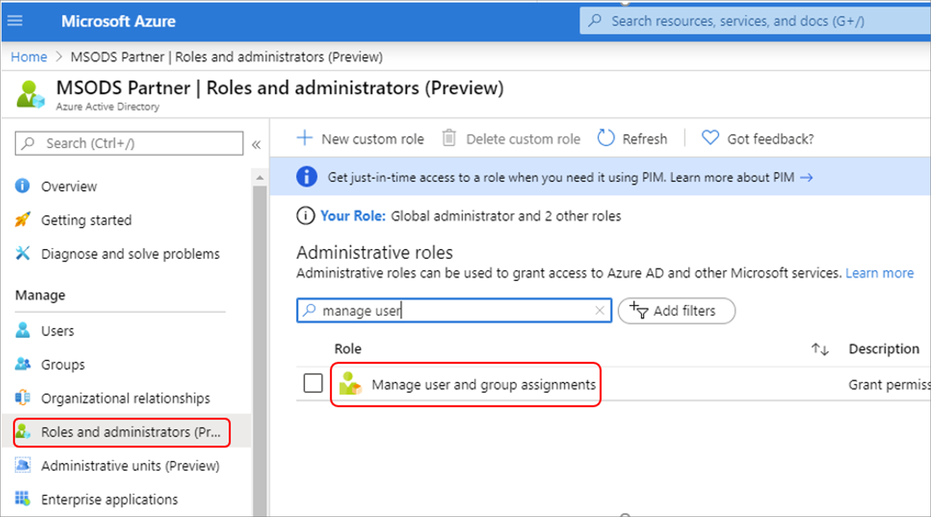 Open Roles and Administrators and search for the custom role