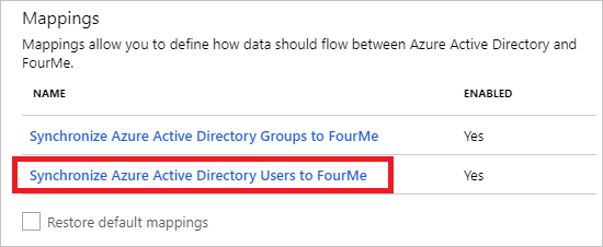 Screenshot of the Mappings page. Under Name, Synchronize Azure Active Directory Users to FourMe is highlighted.