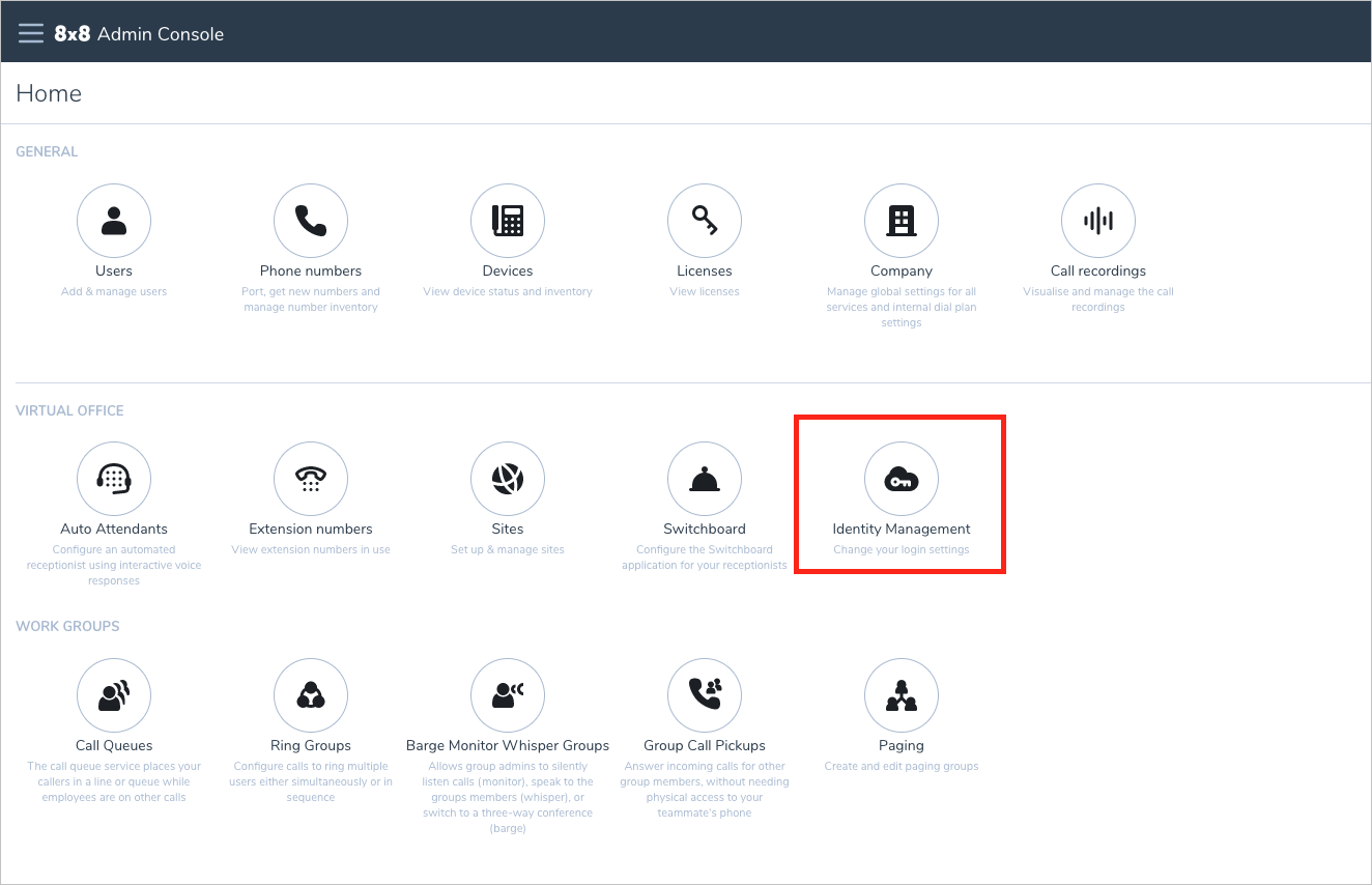 Screenshot that highlights the Identity Management tile.
