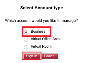 Screenshot that highlights the Business option and Sign In button.