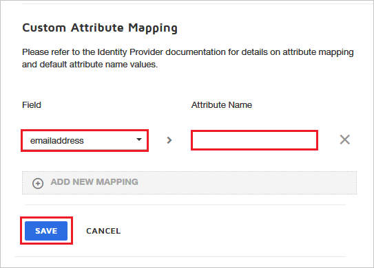 Captura de ecrã dos campos de Mapeamento de Atributos Personalizados.