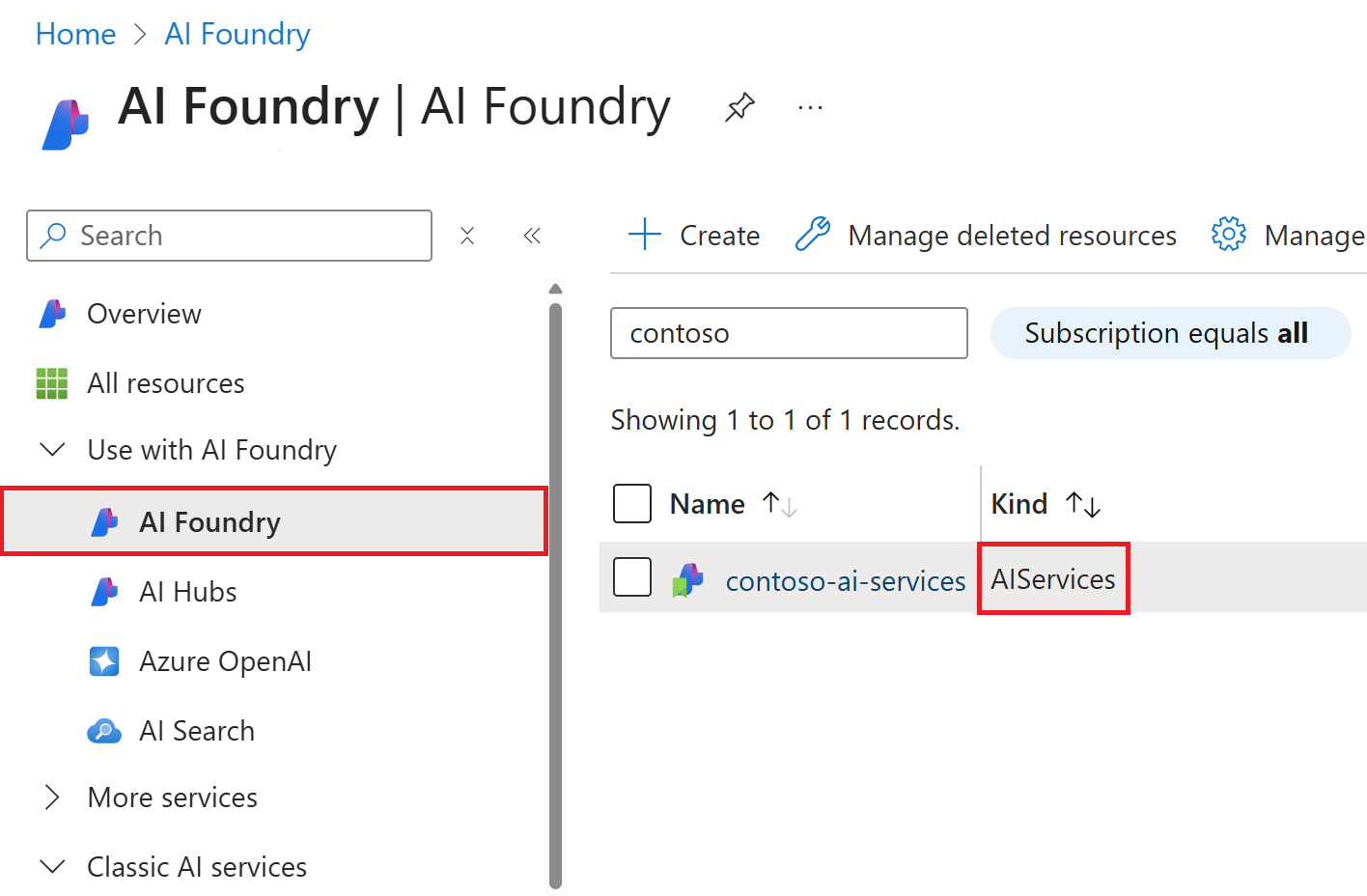  Captura de ecrã da página de recursos multi-serviço no portal Azure.
