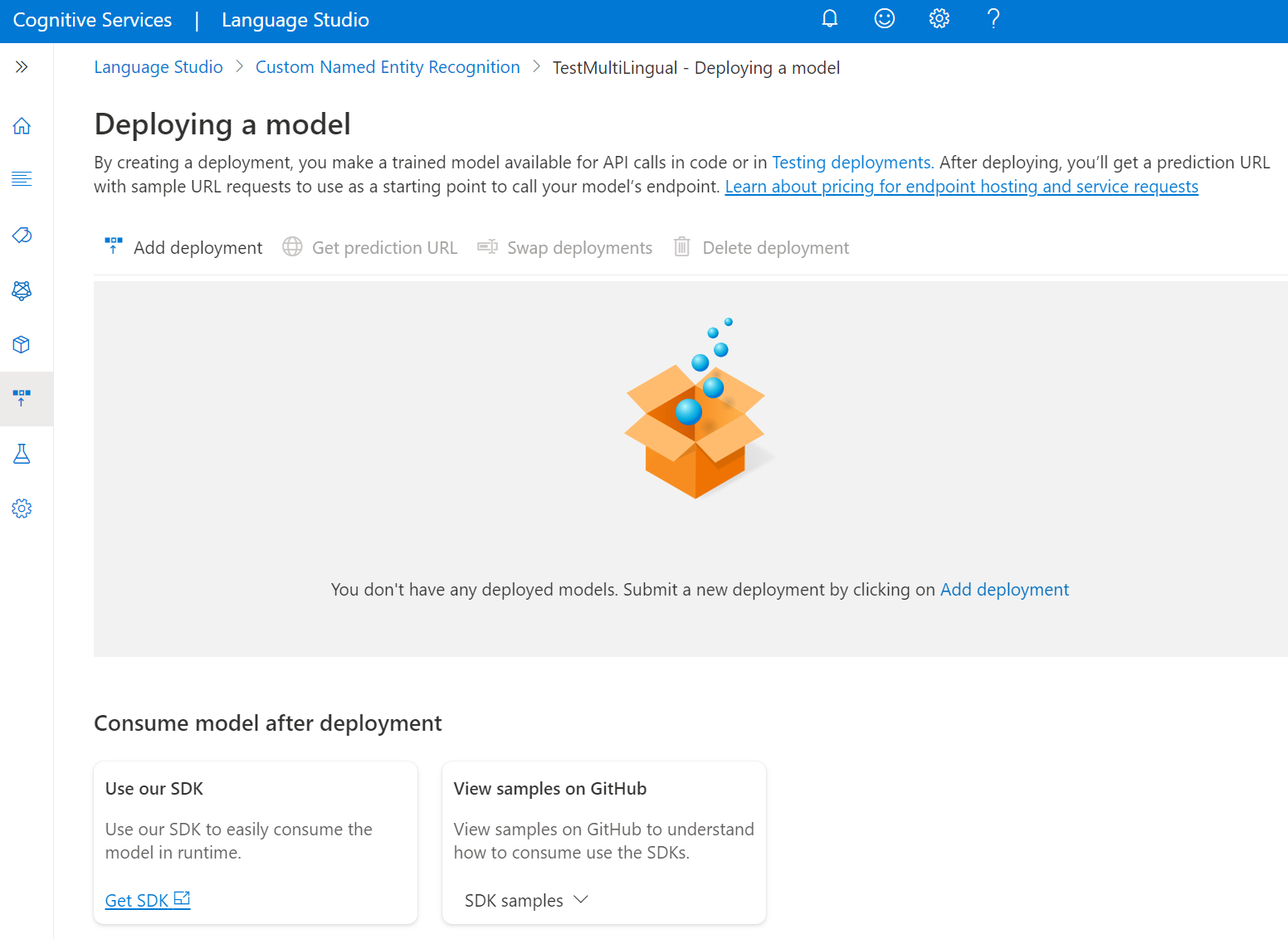 Uma captura de tela mostrando o botão de implantação no Language Studio.