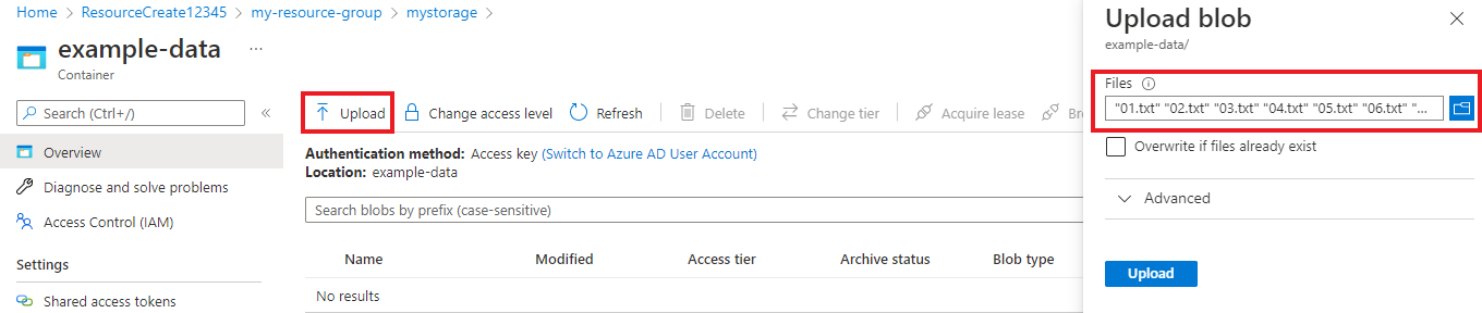 Uma captura de tela mostrando o botão para carregar arquivos para a conta de armazenamento.