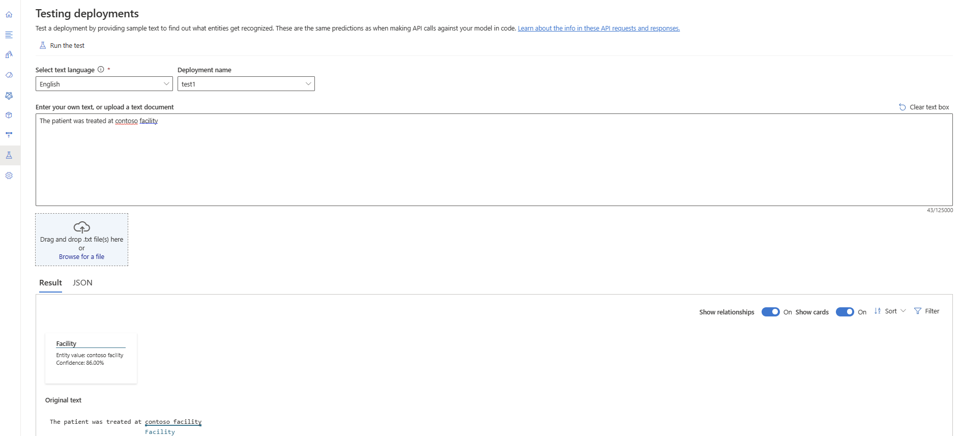 Uma captura de tela mostrando a tela de teste de implantação no Language Studio.