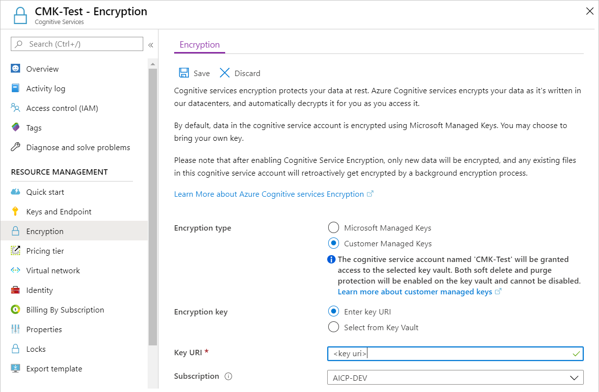 Captura de tela da página Criptografia para um recurso de serviços de IA do Azure. A opção Inserir URI de chave está selecionada, e a caixa do URI de chave contém um valor.