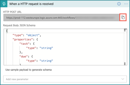 Captura de tela que destaca o ícone de cópia para copiar a URL do gatilho de solicitação HTTP.